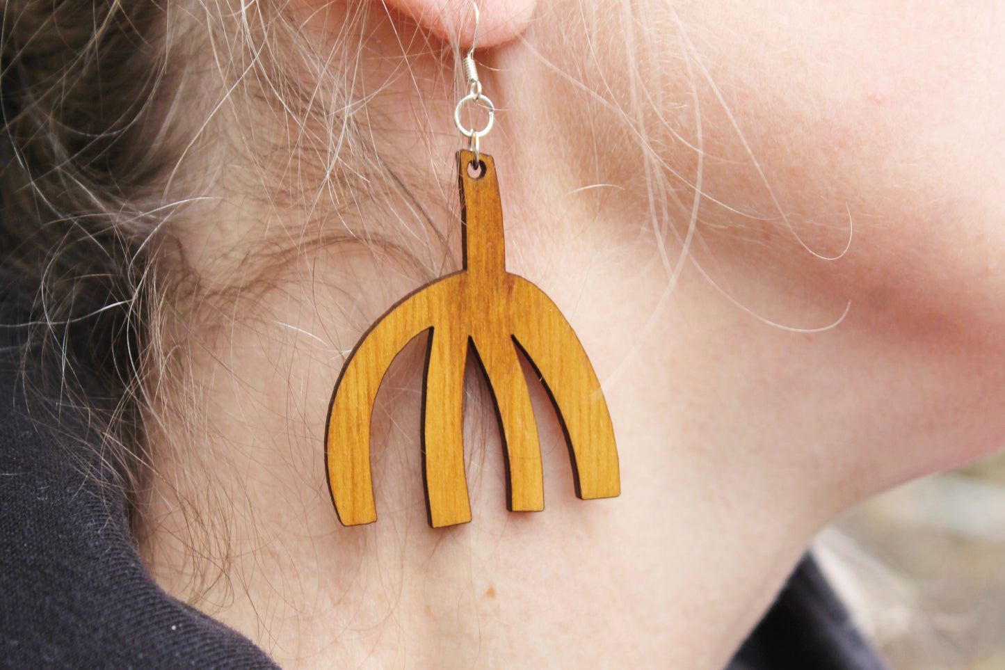 Wooden unique boho earrings - walnut color - 2.1 inches - with silver plated hooks - handmade earrings