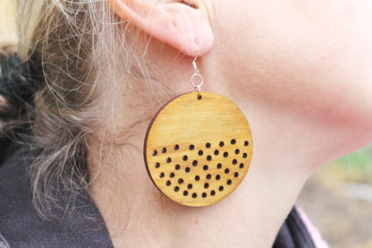 Wooden unique boho round earrings - walnut color - 2.1 inches - with silver plated hooks - handmade earrings