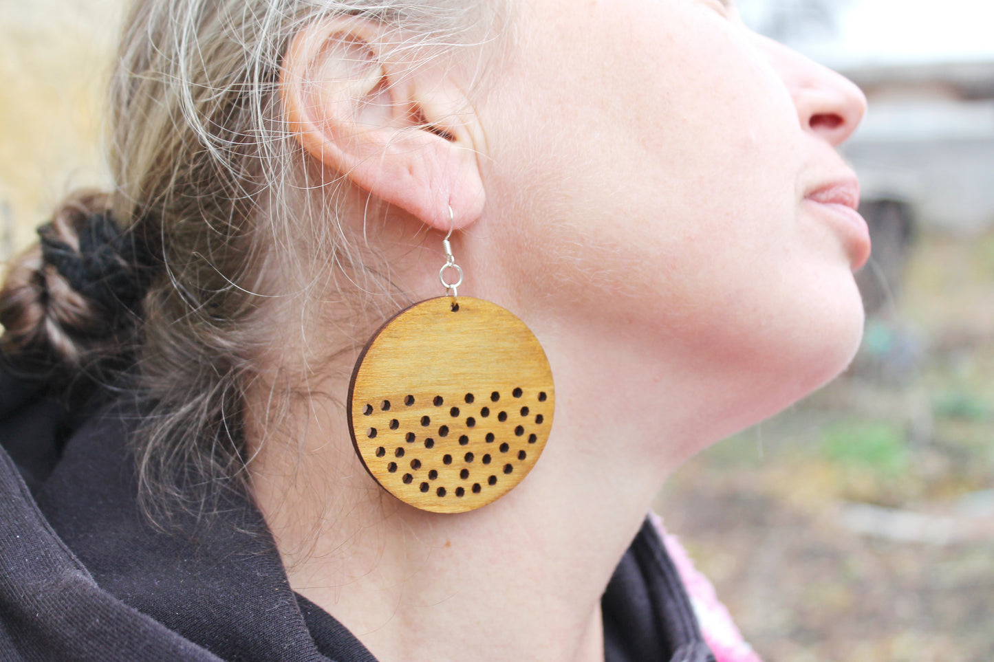 Wooden unique boho round earrings - walnut color - 2.1 inches - with silver plated hooks - handmade earrings