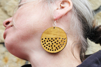 Wooden unique boho round earrings - walnut color - 2.1 inches - with silver plated hooks - handmade earrings