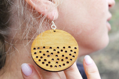 Wooden unique boho round earrings - walnut color - 2.1 inches - with silver plated hooks - handmade earrings