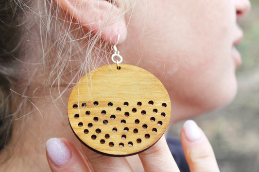 Wooden unique boho round earrings - walnut color - 2.1 inches - with silver plated hooks - handmade earrings