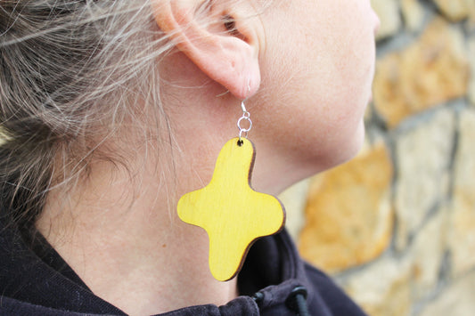 Handmade Yellow Wooden Earrings – Handmade Birch Plywood, Laser Cut, Lightweight Eco-Friendly Jewelry with silver plated hooks - 2.3 inches