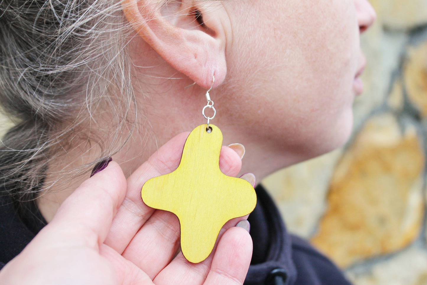 Handmade Yellow Wooden Earrings – Handmade Birch Plywood, Laser Cut, Lightweight Eco-Friendly Jewelry with silver plated hooks - 2.3 inches