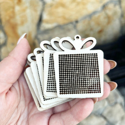 Christmas Gift Cross Stitch Blank Ornament, Wooden Present Embroidery Pendant, Laser Cut Plywood DIY Holiday Craft Supply