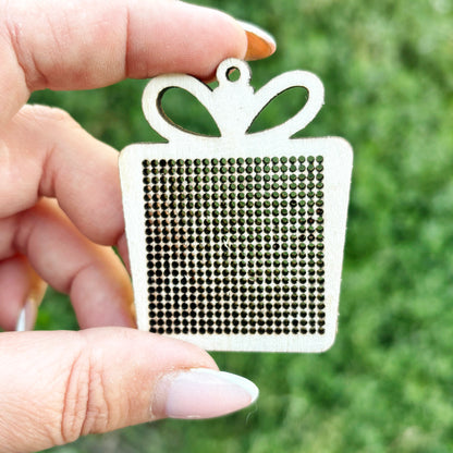 Christmas Gift Cross Stitch Blank Ornament, Wooden Present Embroidery Pendant, Laser Cut Plywood DIY Holiday Craft Supply