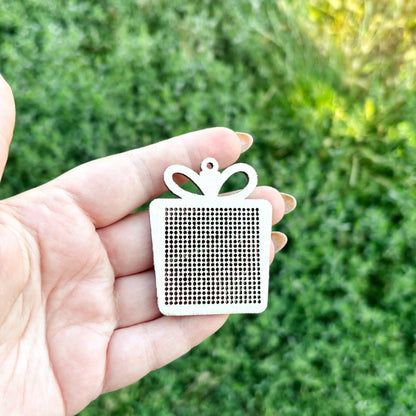 Christmas Gift Cross Stitch Blank Ornament, Wooden Present Embroidery Pendant, Laser Cut Plywood DIY Holiday Craft Supply