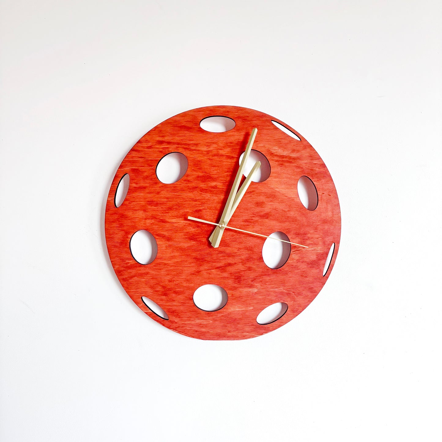 Pickleball Wall Clock, Handmade Wooden Sports Decor, 14 Inch Birch Plywood Clock, Silent Movement, Alder Stain, Unique Gift