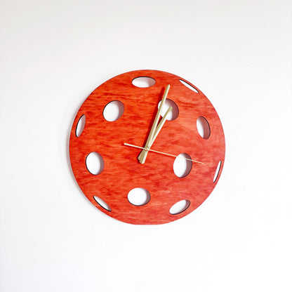 Pickleball Wall Clock, Handmade Wooden Sports Decor, 14 Inch Birch Plywood Clock, Silent Movement, Alder Stain, Unique Gift