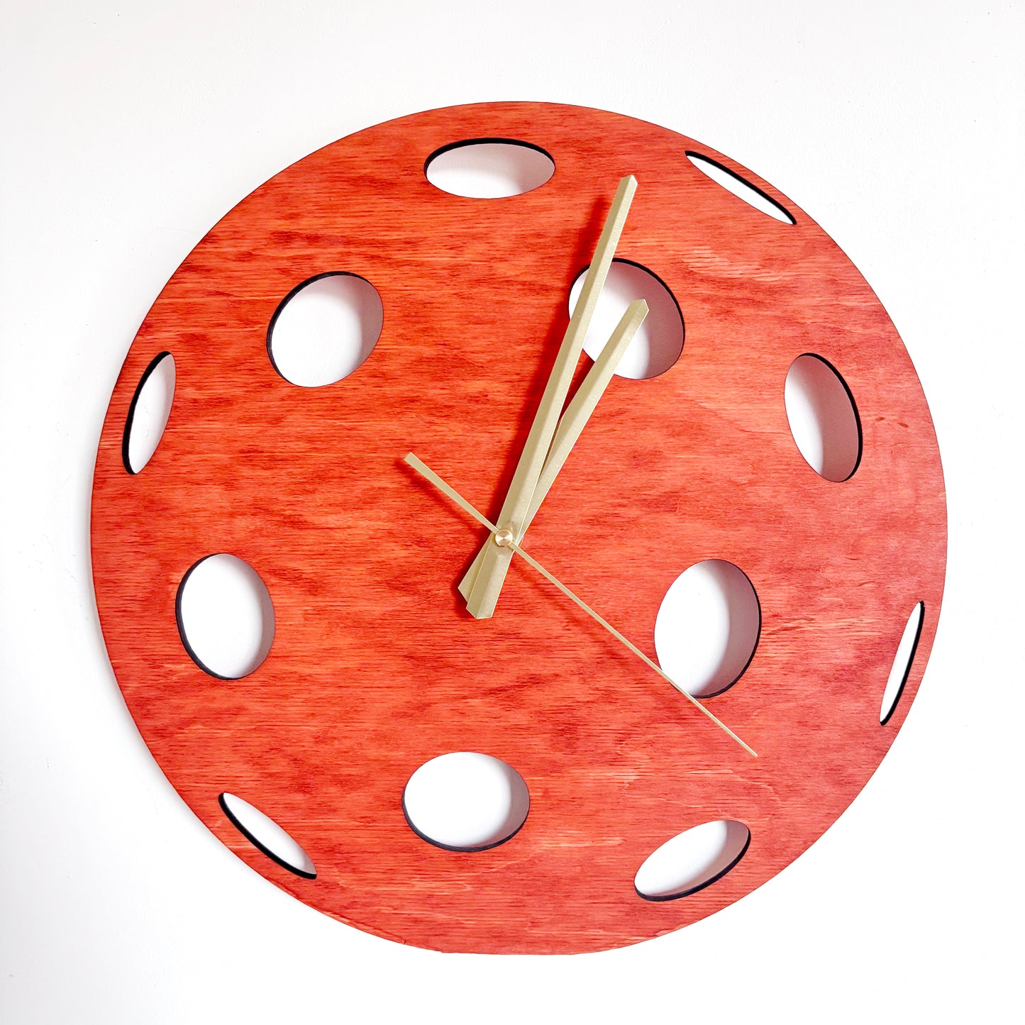 Pickleball Wall Clock, Handmade Wooden Sports Decor, 14 Inch Birch Plywood Clock, Silent Movement, Alder Stain, Unique Gift