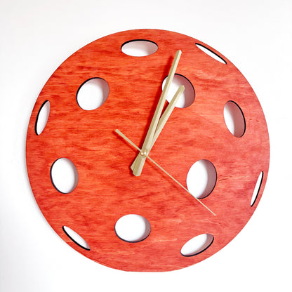 Pickleball Wall Clock, Handmade Wooden Sports Decor, 14 Inch Birch Plywood Clock, Silent Movement, Alder Stain, Unique Gift