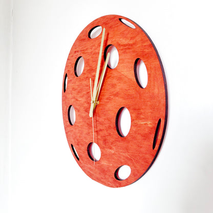 Pickleball Wall Clock, Handmade Wooden Sports Decor, 14 Inch Birch Plywood Clock, Silent Movement, Alder Stain, Unique Gift