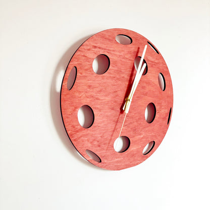 Pickleball Wall Clock, Handmade Wooden Sports Decor, 14 Inch Birch Plywood Clock, Silent Movement, Alder Stain, Unique Gift