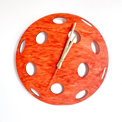 Pickleball Wall Clock, Handmade Wooden Sports Decor, 14 Inch Birch Plywood Clock, Silent Movement, Alder Stain, Unique Gift