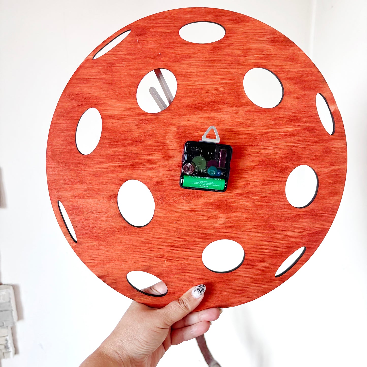 Pickleball Wall Clock, Handmade Wooden Sports Decor, 14 Inch Birch Plywood Clock, Silent Movement, Alder Stain, Unique Gift