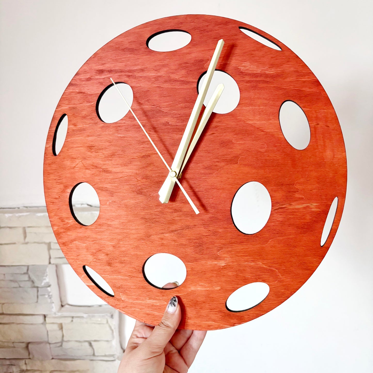 Pickleball Wall Clock, Handmade Wooden Sports Decor, 14 Inch Birch Plywood Clock, Silent Movement, Alder Stain, Unique Gift