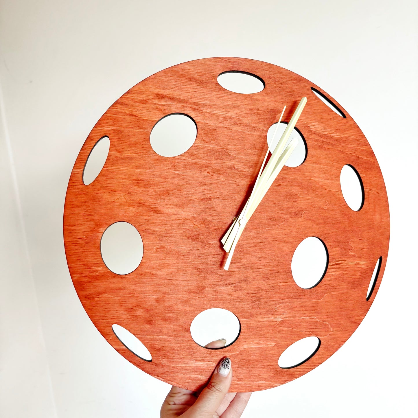 Pickleball Wall Clock, Handmade Wooden Sports Decor, 14 Inch Birch Plywood Clock, Silent Movement, Alder Stain, Unique Gift