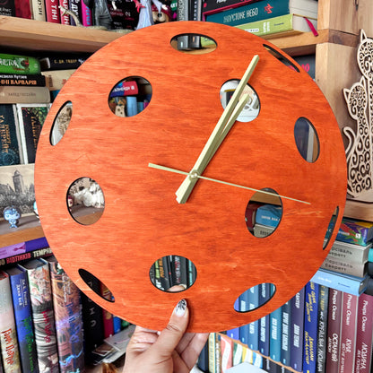 Pickleball Wall Clock, Handmade Wooden Sports Decor, 14 Inch Birch Plywood Clock, Silent Movement, Alder Stain, Unique Gift