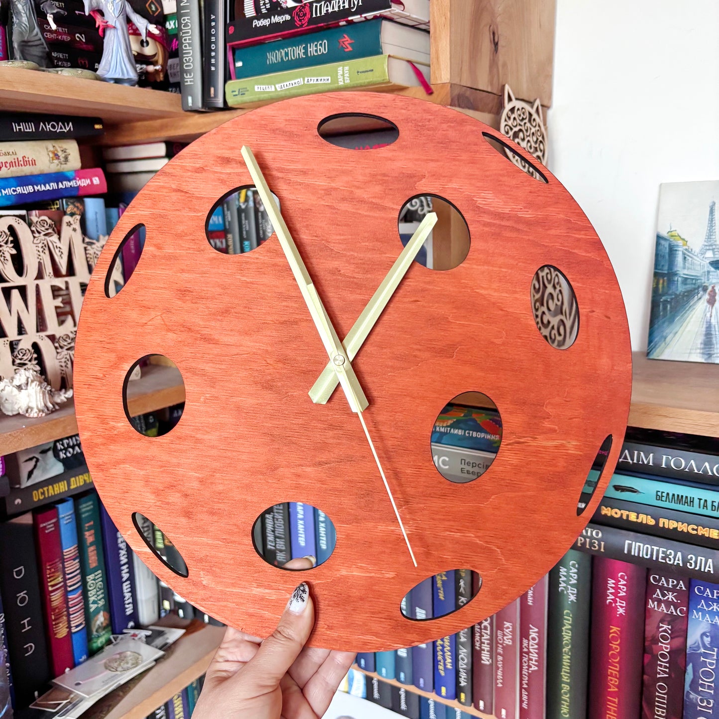 Pickleball Wall Clock, Handmade Wooden Sports Decor, 14 Inch Birch Plywood Clock, Silent Movement, Alder Stain, Unique Gift