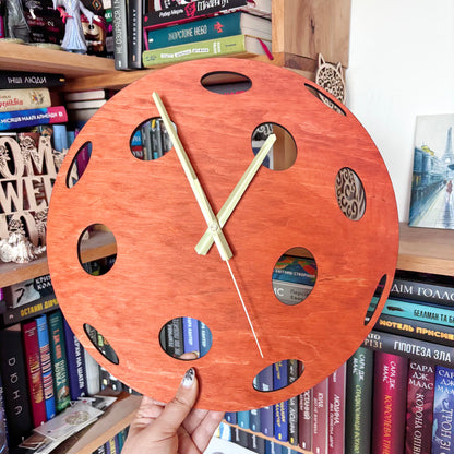 Pickleball Wall Clock, Handmade Wooden Sports Decor, 14 Inch Birch Plywood Clock, Silent Movement, Alder Stain, Unique Gift