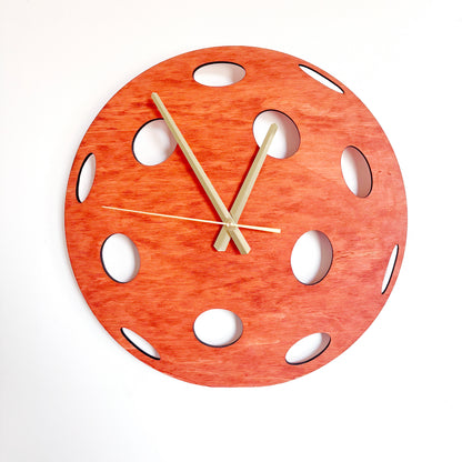 Pickleball Wall Clock, Handmade Wooden Sports Decor, 14 Inch Birch Plywood Clock, Silent Movement, Alder Stain, Unique Gift