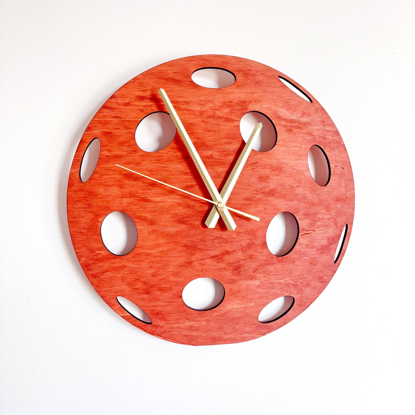 Pickleball Wall Clock, Handmade Wooden Sports Decor, 14 Inch Birch Plywood Clock, Silent Movement, Alder Stain, Unique Gift