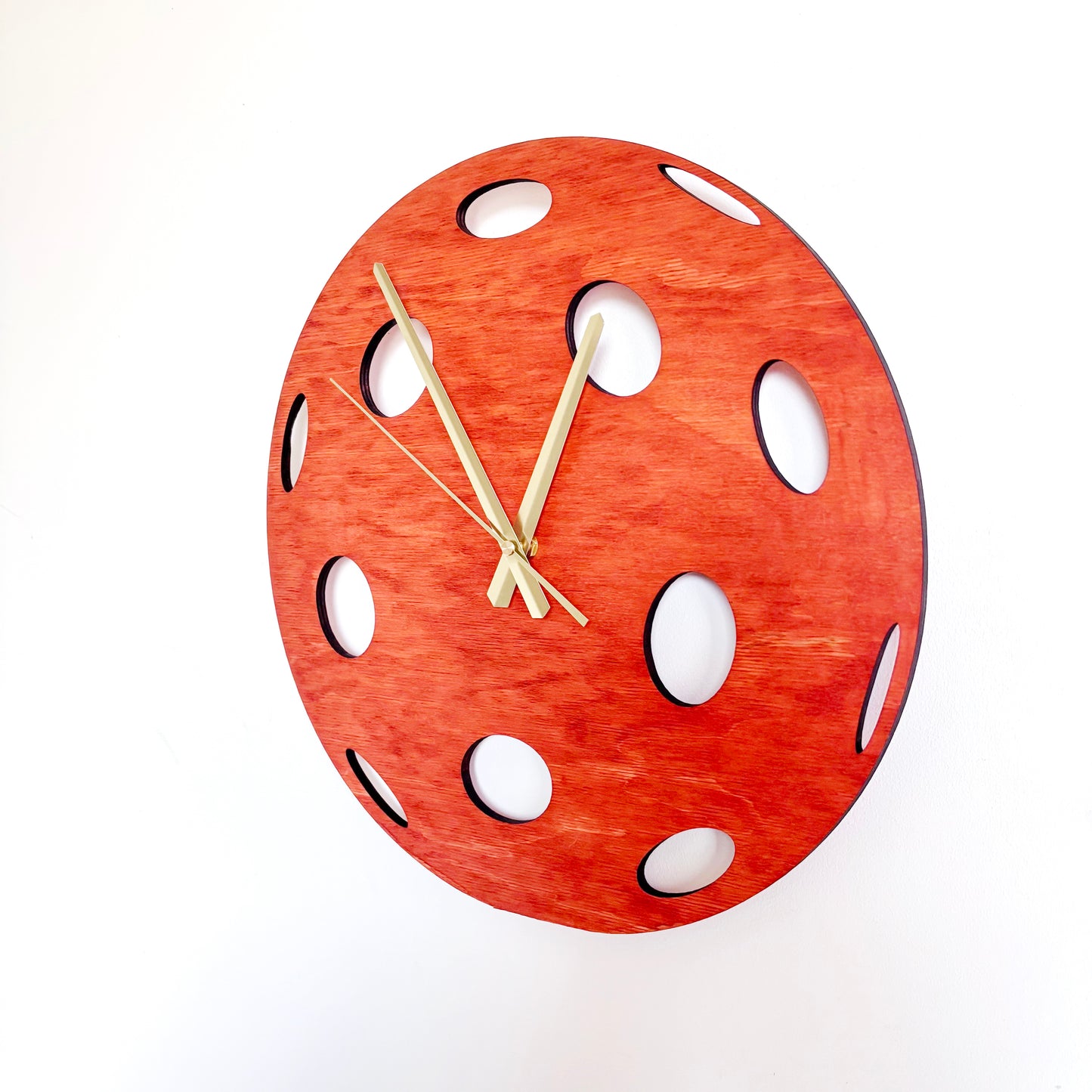Pickleball Wall Clock, Handmade Wooden Sports Decor, 14 Inch Birch Plywood Clock, Silent Movement, Alder Stain, Unique Gift