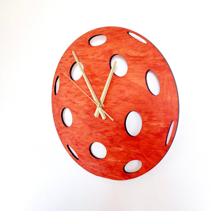 Pickleball Wall Clock, Handmade Wooden Sports Decor, 14 Inch Birch Plywood Clock, Silent Movement, Alder Stain, Unique Gift