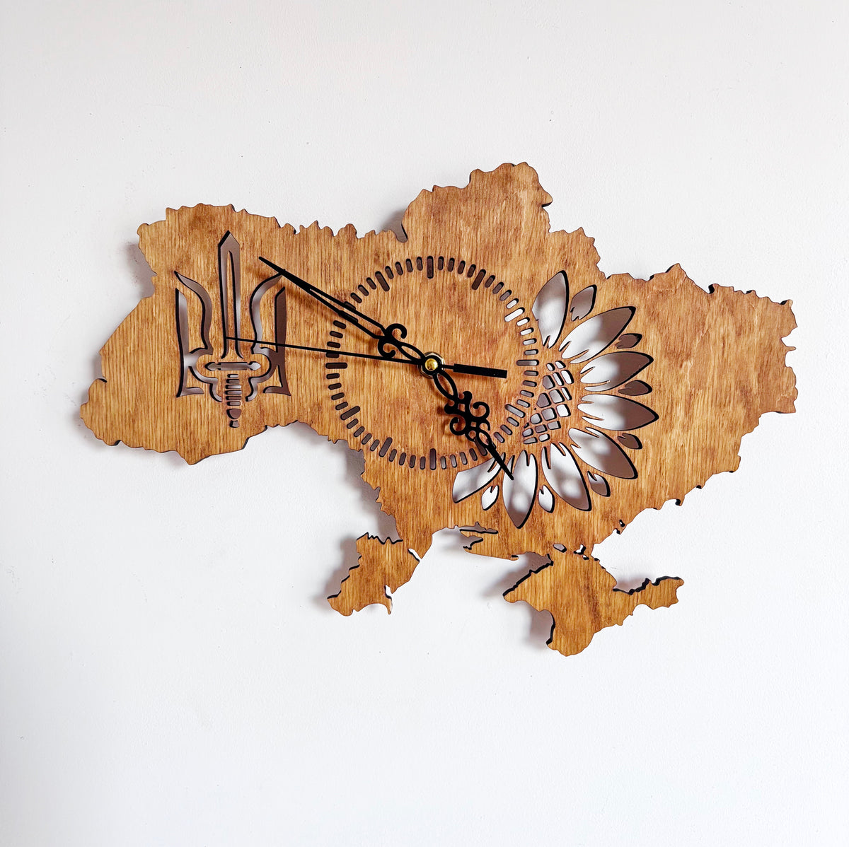 Ukraine Map Wall Clock, Handmade Birch Plywood, Walnut Finish, Sunflower and Tryzub Decor, 14 Inch Ukrainian Home Gift
