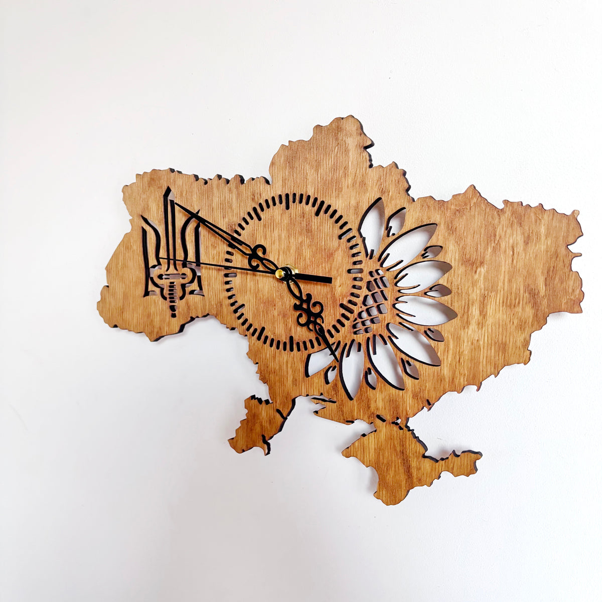 Ukraine Map Wall Clock, Handmade Birch Plywood, Walnut Finish, Sunflower and Tryzub Decor, 14 Inch Ukrainian Home Gift