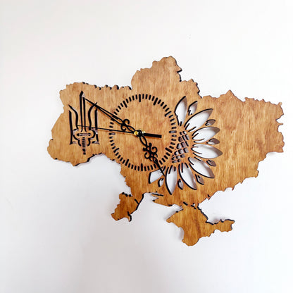 Ukraine Map Wall Clock, Handmade Birch Plywood, Walnut Finish, Sunflower and Tryzub Decor, 14 Inch Ukrainian Home Gift