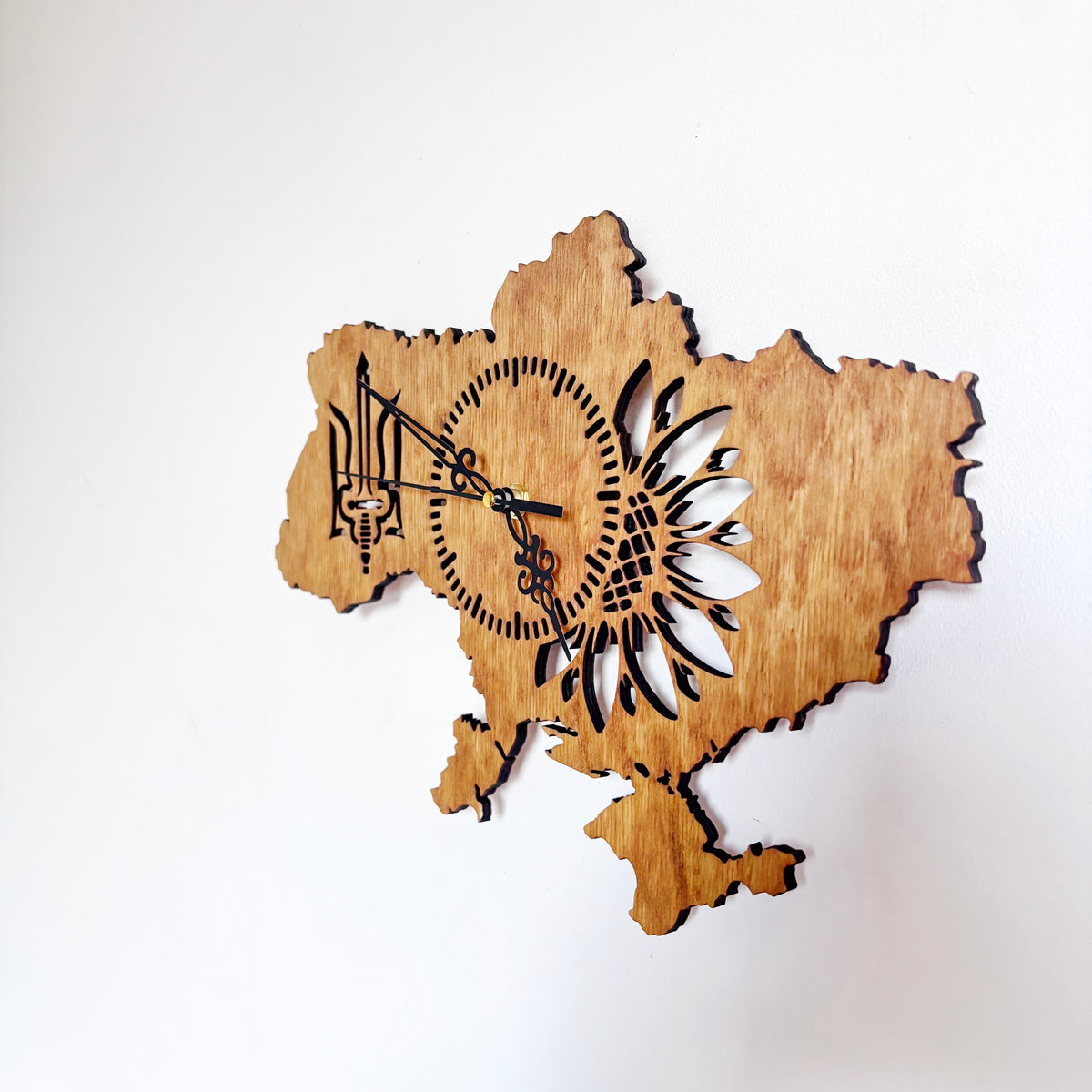 Ukraine Map Wall Clock, Handmade Birch Plywood, Walnut Finish, Sunflower and Tryzub Decor, 14 Inch Ukrainian Home Gift