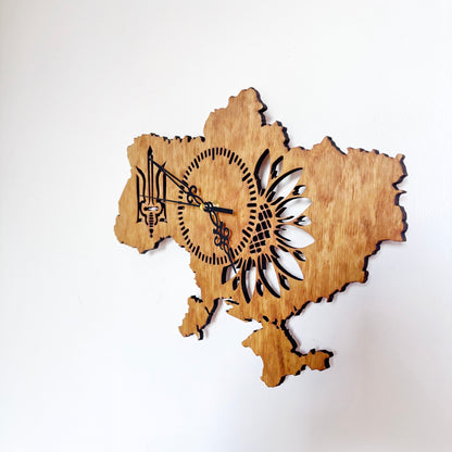 Ukraine Map Wall Clock, Handmade Birch Plywood, Walnut Finish, Sunflower and Tryzub Decor, 14 Inch Ukrainian Home Gift