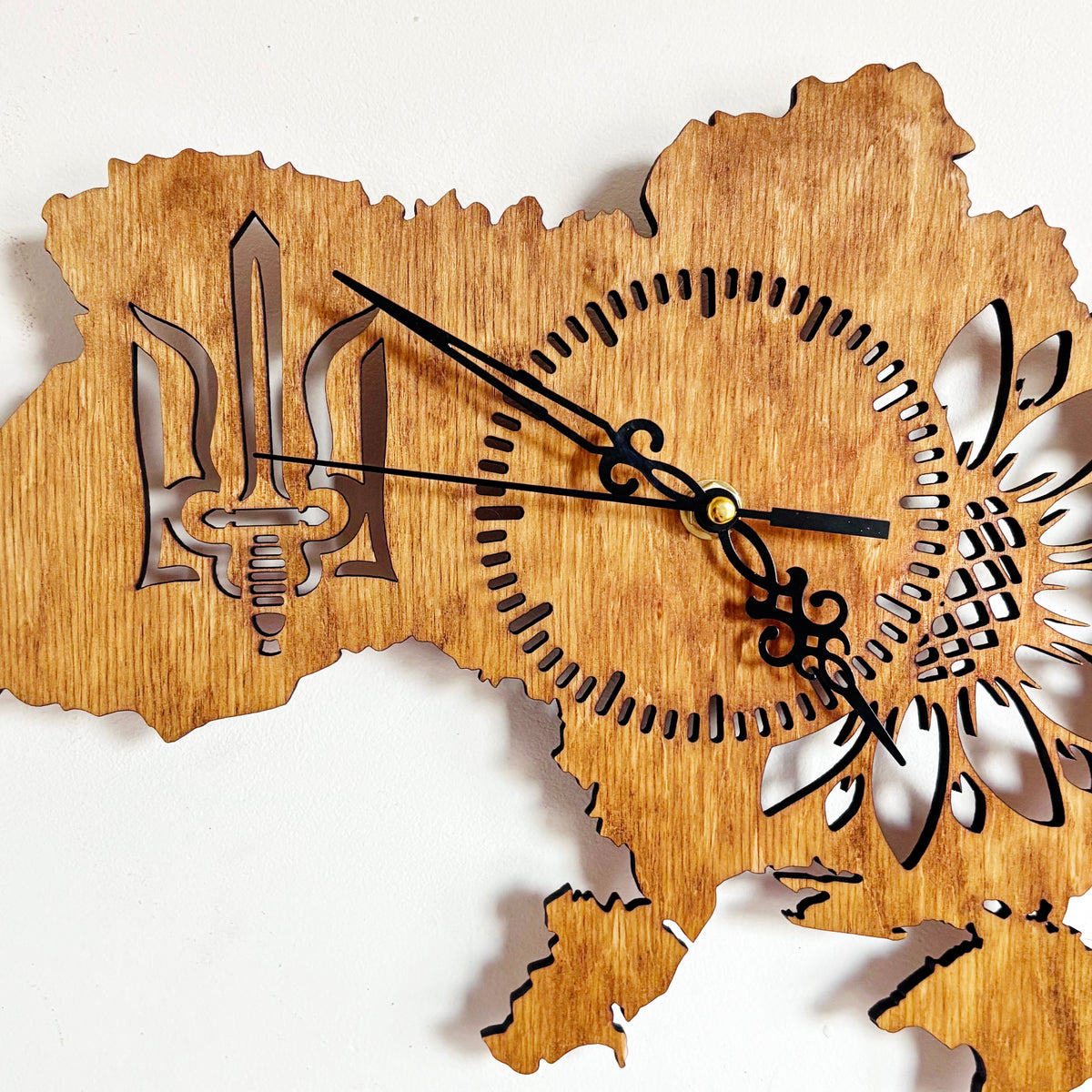 Ukraine Map Wall Clock, Handmade Birch Plywood, Walnut Finish, Sunflower and Tryzub Decor, 14 Inch Ukrainian Home Gift