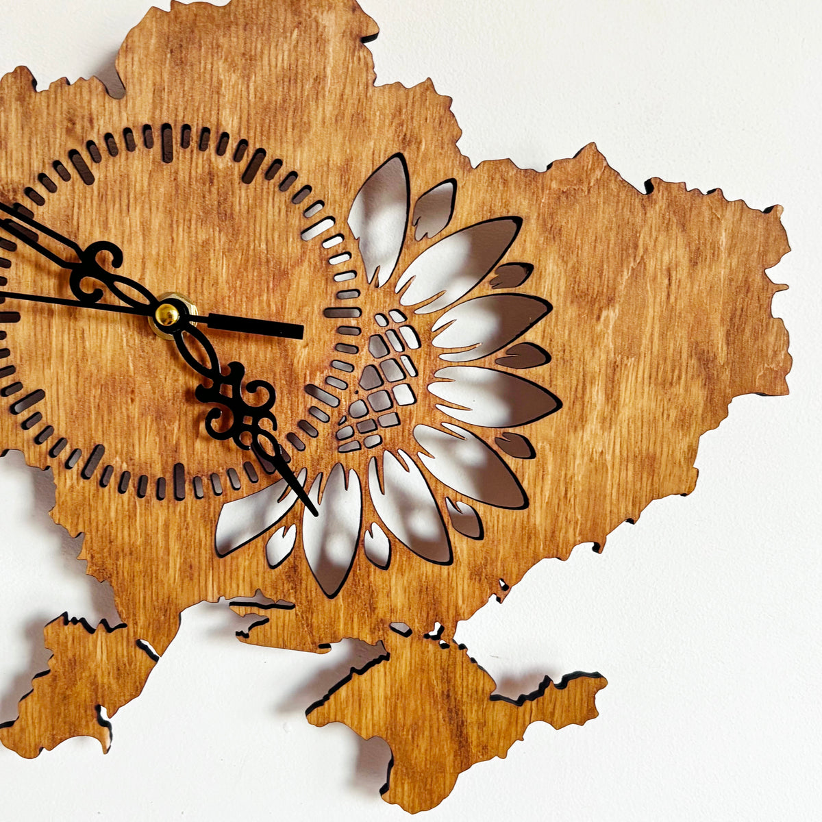 Ukraine Map Wall Clock, Handmade Birch Plywood, Walnut Finish, Sunflower and Tryzub Decor, 14 Inch Ukrainian Home Gift
