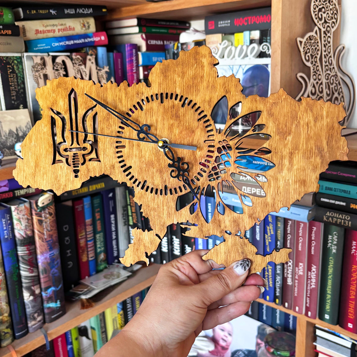 Ukraine Map Wall Clock, Handmade Birch Plywood, Walnut Finish, Sunflower and Tryzub Decor, 14 Inch Ukrainian Home Gift