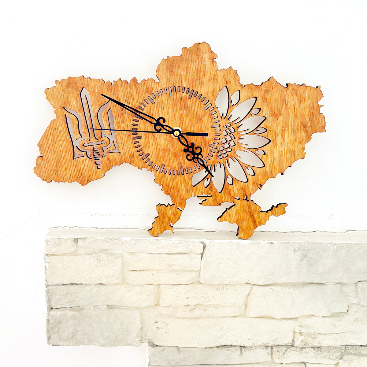 Ukraine Map Wall Clock, Handmade Birch Plywood, Walnut Finish, Sunflower and Tryzub Decor, 14 Inch Ukrainian Home Gift