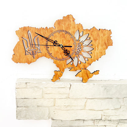 Ukraine Map Wall Clock, Handmade Birch Plywood, Walnut Finish, Sunflower and Tryzub Decor, 14 Inch Ukrainian Home Gift
