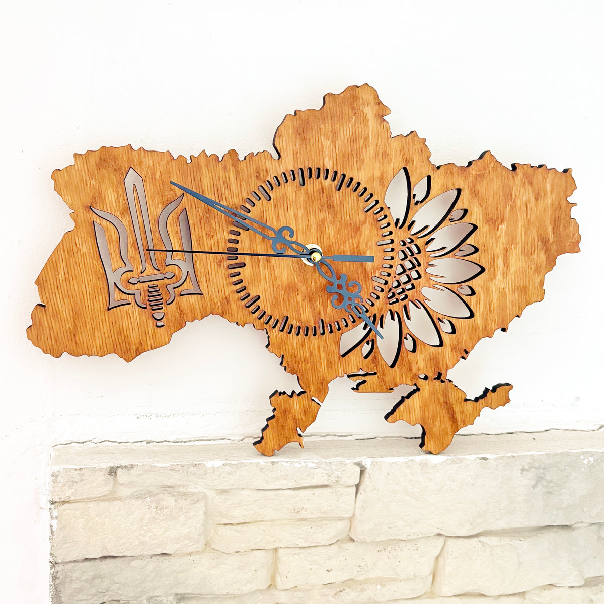 Ukraine Map Wall Clock, Handmade Birch Plywood, Walnut Finish, Sunflower and Tryzub Decor, 14 Inch Ukrainian Home Gift