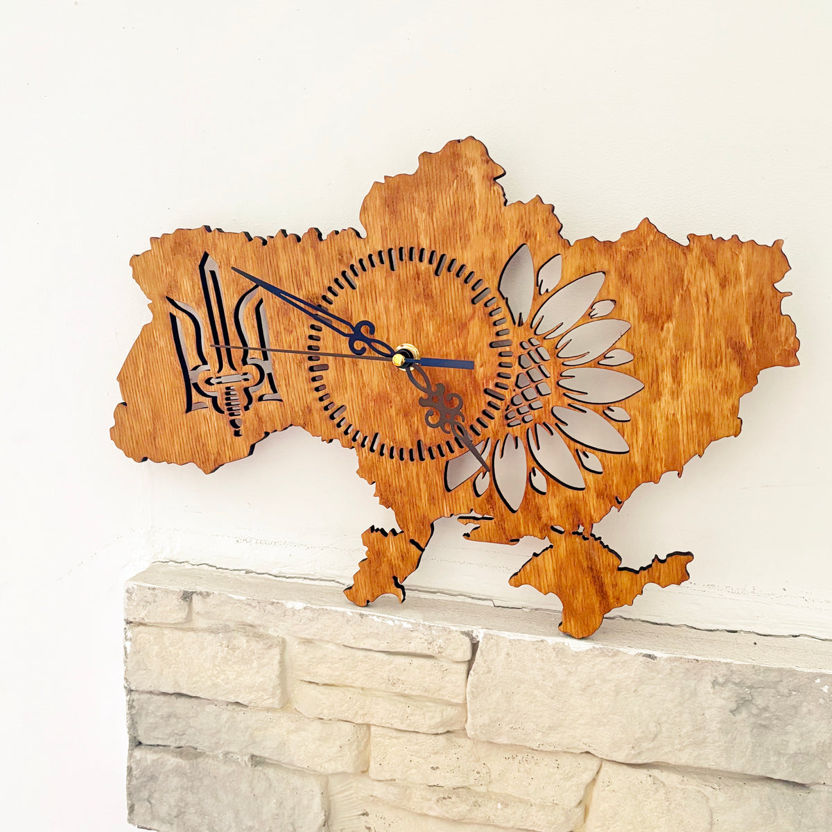 Ukraine Map Wall Clock, Handmade Birch Plywood, Walnut Finish, Sunflower and Tryzub Decor, 14 Inch Ukrainian Home Gift