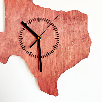 Texas Wall Clock, Handmade Wooden State Decor, Mahogany Birch Plywood, Rustic Western Home Art, Large 14 Inch Gift for Texas Lovers