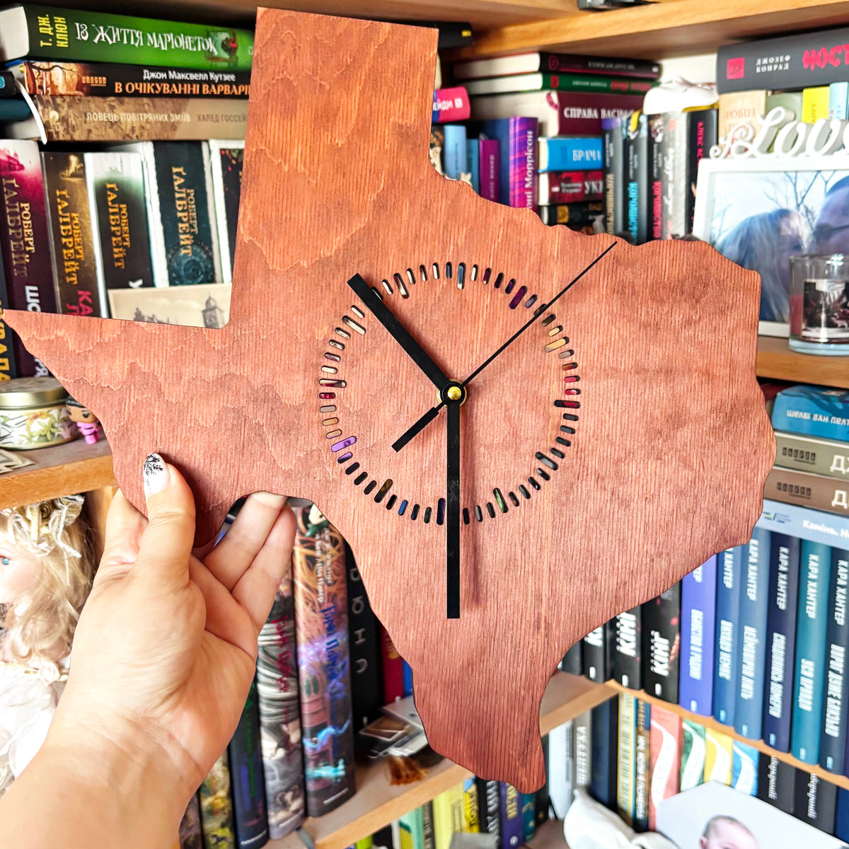 Texas Wall Clock, Handmade Wooden State Decor, Mahogany Birch Plywood, Rustic Western Home Art, Large 14 Inch Gift for Texas Lovers