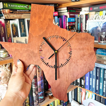 Texas Wall Clock, Handmade Wooden State Decor, Mahogany Birch Plywood, Rustic Western Home Art, Large 14 Inch Gift for Texas Lovers
