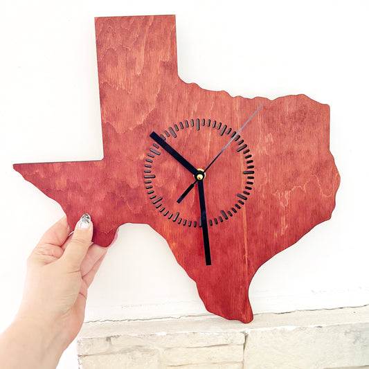 Texas Wall Clock, Handmade Wooden State Decor, Mahogany Birch Plywood, Rustic Western Home Art, Large 14 Inch Gift for Texas Lovers