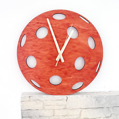 Pickleball Wall Clock, Handmade Wooden Sports Decor, 14 Inch Birch Plywood Clock, Silent Movement, Alder Stain, Unique Gift