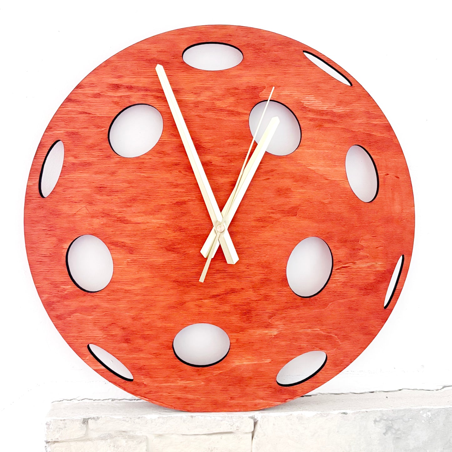 Pickleball Wall Clock, Handmade Wooden Sports Decor, 14 Inch Birch Plywood Clock, Silent Movement, Alder Stain, Unique Gift