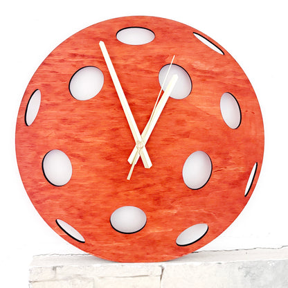 Pickleball Wall Clock, Handmade Wooden Sports Decor, 14 Inch Birch Plywood Clock, Silent Movement, Alder Stain, Unique Gift