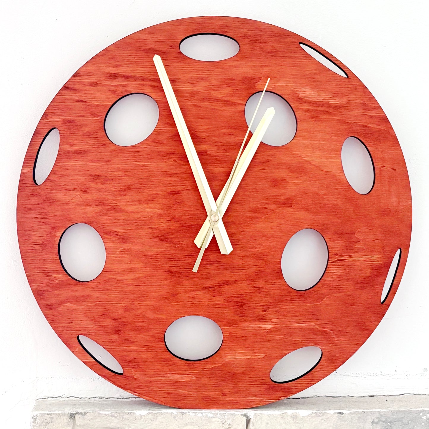Pickleball Wall Clock, Handmade Wooden Sports Decor, 14 Inch Birch Plywood Clock, Silent Movement, Alder Stain, Unique Gift