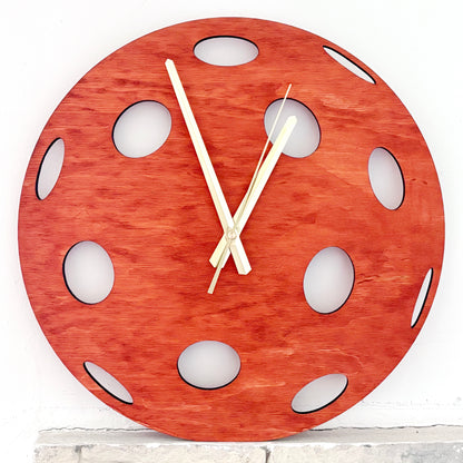 Pickleball Wall Clock, Handmade Wooden Sports Decor, 14 Inch Birch Plywood Clock, Silent Movement, Alder Stain, Unique Gift