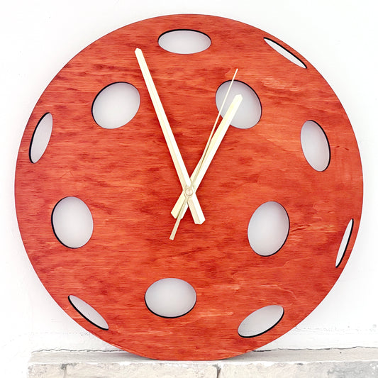 Pickleball Wall Clock, Handmade Wooden Sports Decor, 14 Inch Birch Plywood Clock, Silent Movement, Alder Stain, Unique Gift